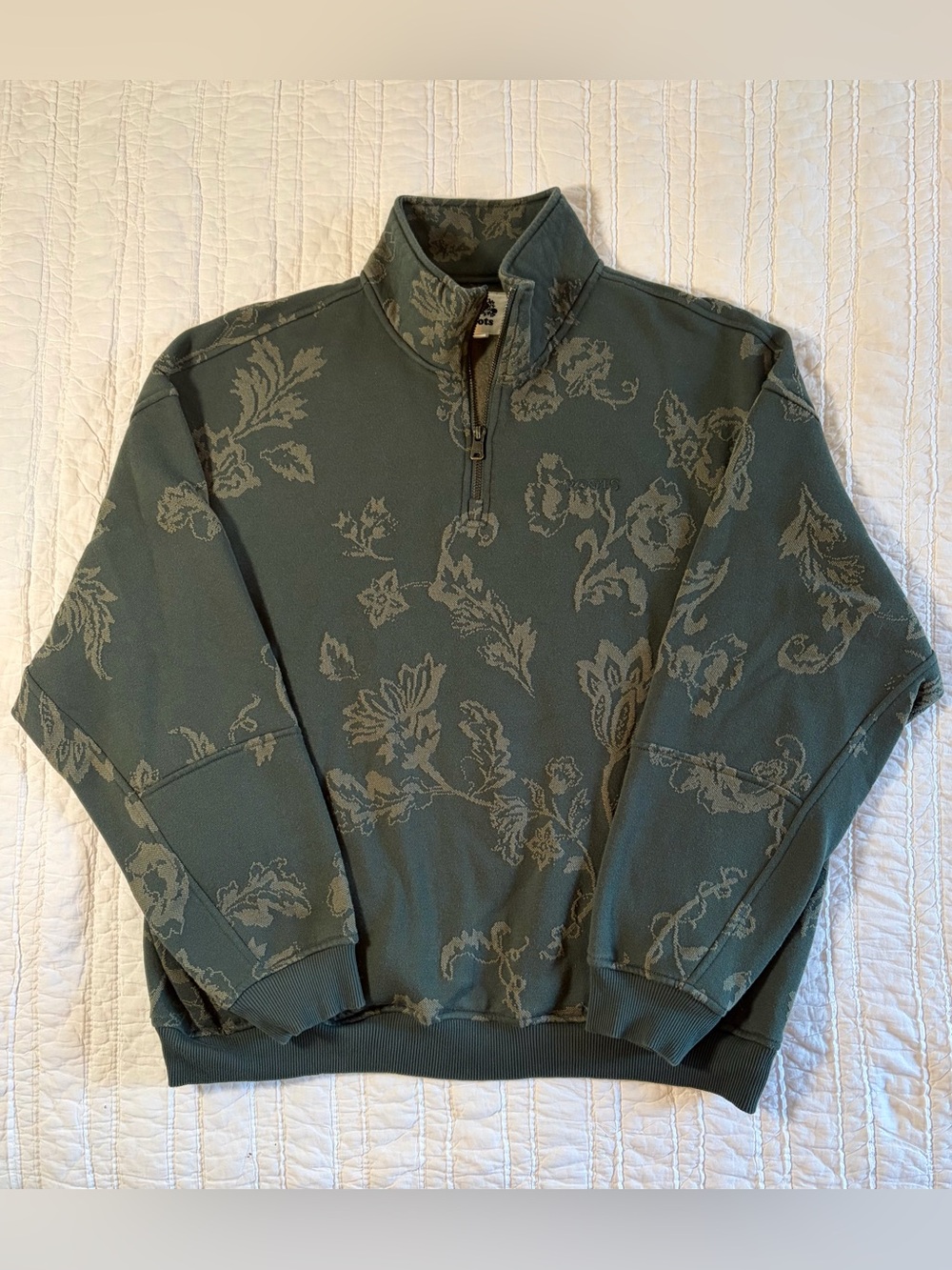 Roots Olive Green Floral Quarter Zip Fleece Sweatshirt - Size 4 (Women’s Large)